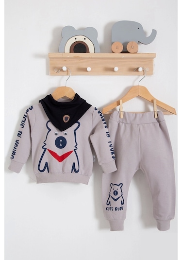 Babydonat Oynar Gözlü Fularlı 3'lü Erkek Bebek Takımı Gri