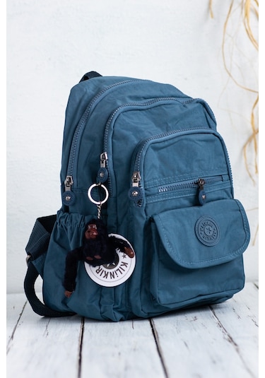 Krinkıl / Klinkır Su Geçirmez Ithal Kumaş Çok Gözlü Günlük Küçük Kadın Sırt Çantası Indigo Mavi 8317 Mavi