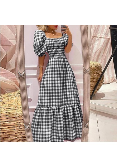 Vonda Yaz Kadın Ekose Kapalı Omuz Pilili Parti Uzun Elbise Zarif Ekose Tunik Ruffled Hem Gevşek Artı Boyutu Siyah