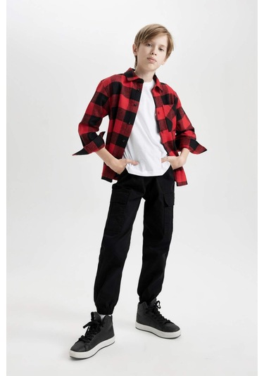 DeFacto Erkek Çocuk Oversize Geniş Kalıp Polo Yaka Pamuklu Uzun Kollu Kareli Gömlek D9721A824WNRD350