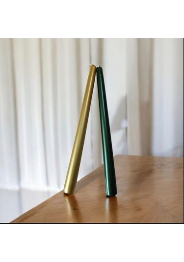 Denic 2 li Metalik Yeşil ve Gold Şamdan Mum Konik Mum