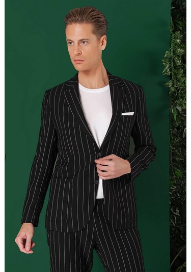 Comfort Fit Çift Yırtmaç İtalyan Çizgili Keten Casual Siyah Ceket C 671 Siyah