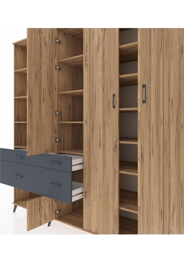 Kronos Dolap 14 Raflı 4 Çekmeceli 4 Kapaklı 220x59x243 Çam-çam/antrasit Atlas Çam/antrasıt
