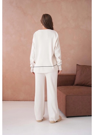 Kadın Bisiklet Yak Adüşük Kol Kazak Fitilli Pantolon İkili Triko Takım Taş