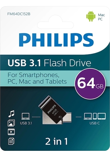 Flash Bellek 64 Gb Mini Usb Ve Type-c 3.1 Philips Gece Siyahı