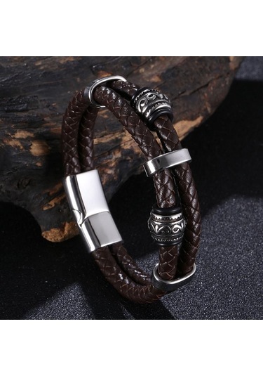 Viking Tarzı İskandinav Runeleri Muska Çift Katmanlı Paslanmaz Çelik Erkek Deri Bileklik İskandinav Mitolojisi Takıları Bb1355 Kahverengi