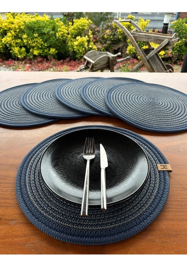 6 Lı Yuvarlak Supla Takımı Kolay Temizlenebilir, Modern Sofralar İçin Lacivert -antrasit