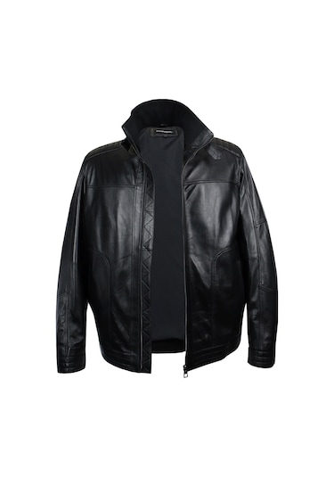 Hakiki Deri Büyük Beden Kemer Yakalı Mont Siyah 001