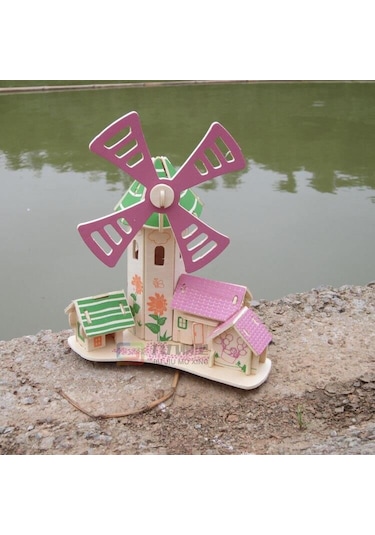 3D Puzzle Maket 54 Parça Ahşap Pembe Yel Değirmeni
