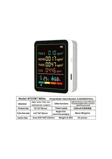 Fortunelane Ortam Kalite Monitörü Pm2.5 Co2 Tvoc Hcho Sıcaklık Nem İzleyici Beyaz Ayaklı 6-1 Algılayıcı Dahili Pilli Zn-mt07wt