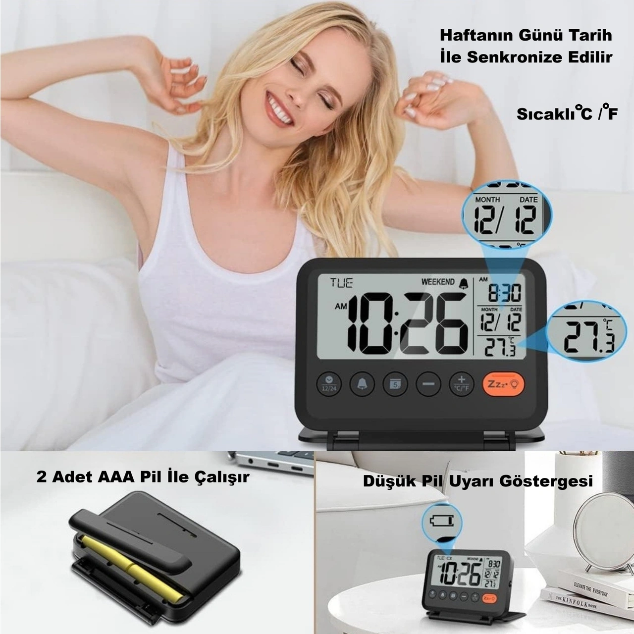 Hymark Lcd Katlanır 10x8cm Dijital Masa Saati Çalar Saat Takvim Sıcaklık Led Pilli Seyahat Ofis Ev Siyah