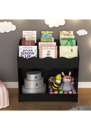 Toby Montessori Ahşap Bebek Çocuk Odası Eğitici Kitaplık Siyah