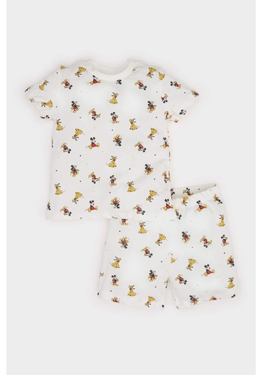 DeFacto Erkek Bebek Disney Mickey & Minnie Pijama Takımı Kısa Kollu Penye Üst Beli Lastikli Şort E1185A525HSER233 Ekru