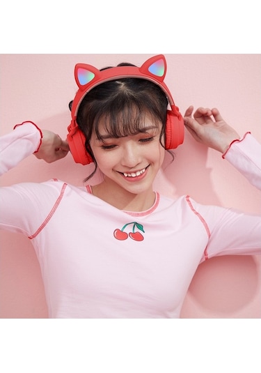 Soulader Oyun Kulaklığı Bluetooth Bağlantılı Kulak İçi Tasarım Led Aydınlatmalı Kedi Kulağı Şeklinde Yanıp Sönen Işıklı Kulaklık