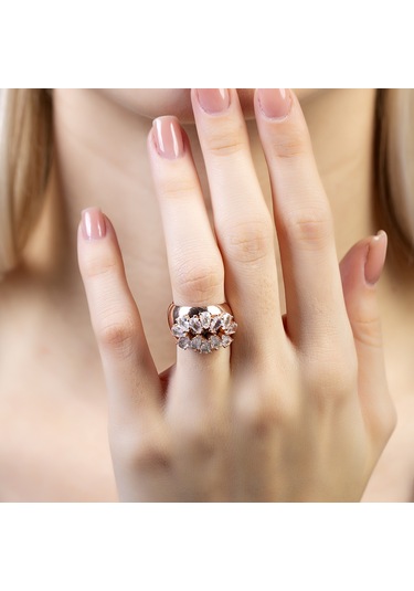 Damla Kesim Beyaz Zirkon Taşlı Rose Renk Free Size 925 Ayar Gümüş Kadın Yüzük Gümüş