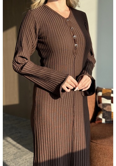 Kahverengi Streç Midi Boy Elbise - 1725 Kahverengi