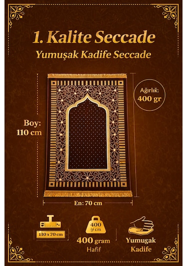 Kadife Seccade 110x70 Cm Yumuşak Dokulu, Dodya İplik İşlemeli Sarı