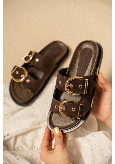 Craft Kadın Gold Toka Detaylı Terlik Acıkahve Süet