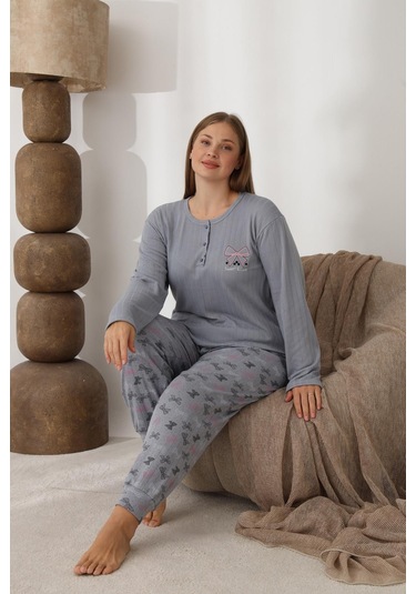 Lindros Kadın Pamuk'lu Düğme Yaka Raporlu İnterlok Kışlık Battal Pijama Takımı 0243 - 1 Adet Gri