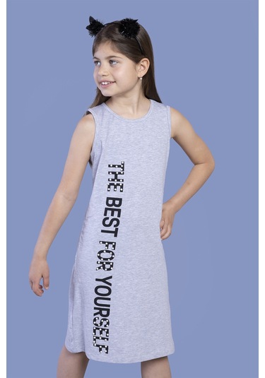 Toontoy Kız Çocuk İnci Detaylı Baskılı Elbise Gri Melanj