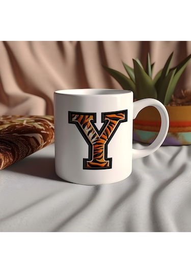 Y Harfi Kaplan Figürlü Nakış Desenli Kupa Bardak - Kişiye Özel Vahşi Hayvan Desenli Kupa - Hediye Beyaz