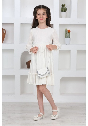Kız Çocuk Örme Saten Çanta Detaylı Pliseli Astarlı Elbise KREM