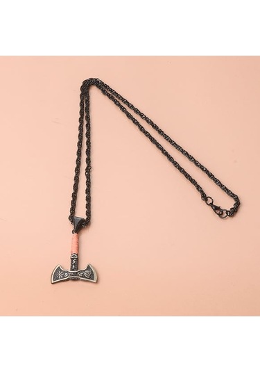 Viking Çift Taraflı Balta Turuncu İpli Erkek Kolye Çelik