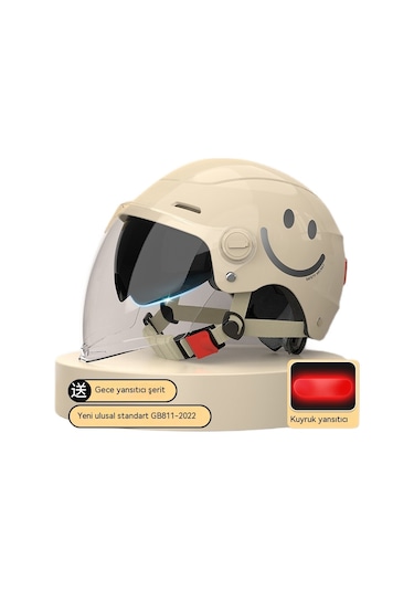 Yy SQ668 Kulak Muhafızları Çift Ayna Kuyruk Işık Açık Motosiklet Kaskı Bej