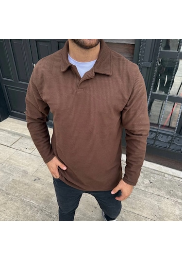 Erkek Fitilli Polar Sweatshirt Düğmesiz Polo Yaka, Oversize Rahat Kalıp, Kalın Polar Kumaş, Kışlık Kahverengi