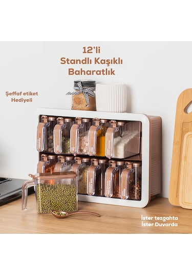 Porsima 1120 12li Standlı Kaşıklı Kapaklı Baharatlık Seti Bakır B Beyaz