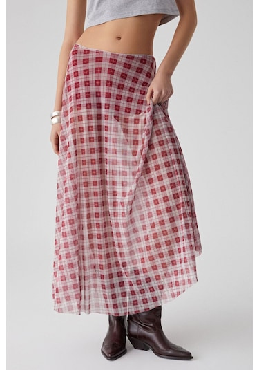 GRIMELANGE Julıano Kadın Yüksek Bel Çizgili Oversize Kırmızı Etek Kırmızı