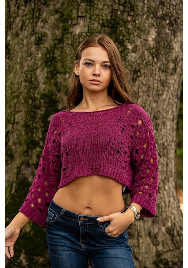 Verdeblanco Yırtık Detaylı Örme Crop Top Mürdüm