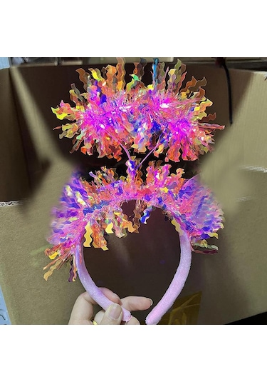 Pembe Renk Pembe Işıltılı Püsküllü Led Işıklı Parlak Hologramlı Taç 25x12 Cm 4767 Çok Renkli