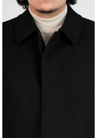 Yakalı Klasik Kesim Düğmeli Uzun Kaşe Erkek Kaban Siyah