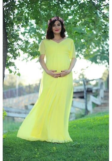 Modalabio Moda Labio- Babyshower Melek Kol Hamile Elbisesi Sarı