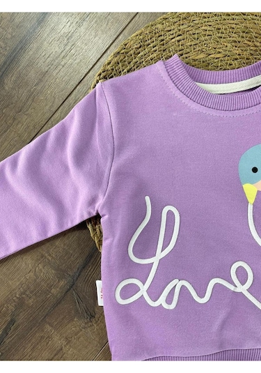 Omuzda Dantel Detaylı Kuş Baskılı Takım Mor