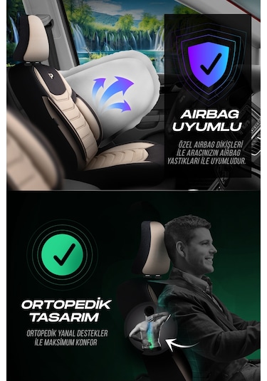 Bej - Siyah Panda Manavgat Serısı Lakos Kumaş Oto Koltuk Kılıfı - Tam Set