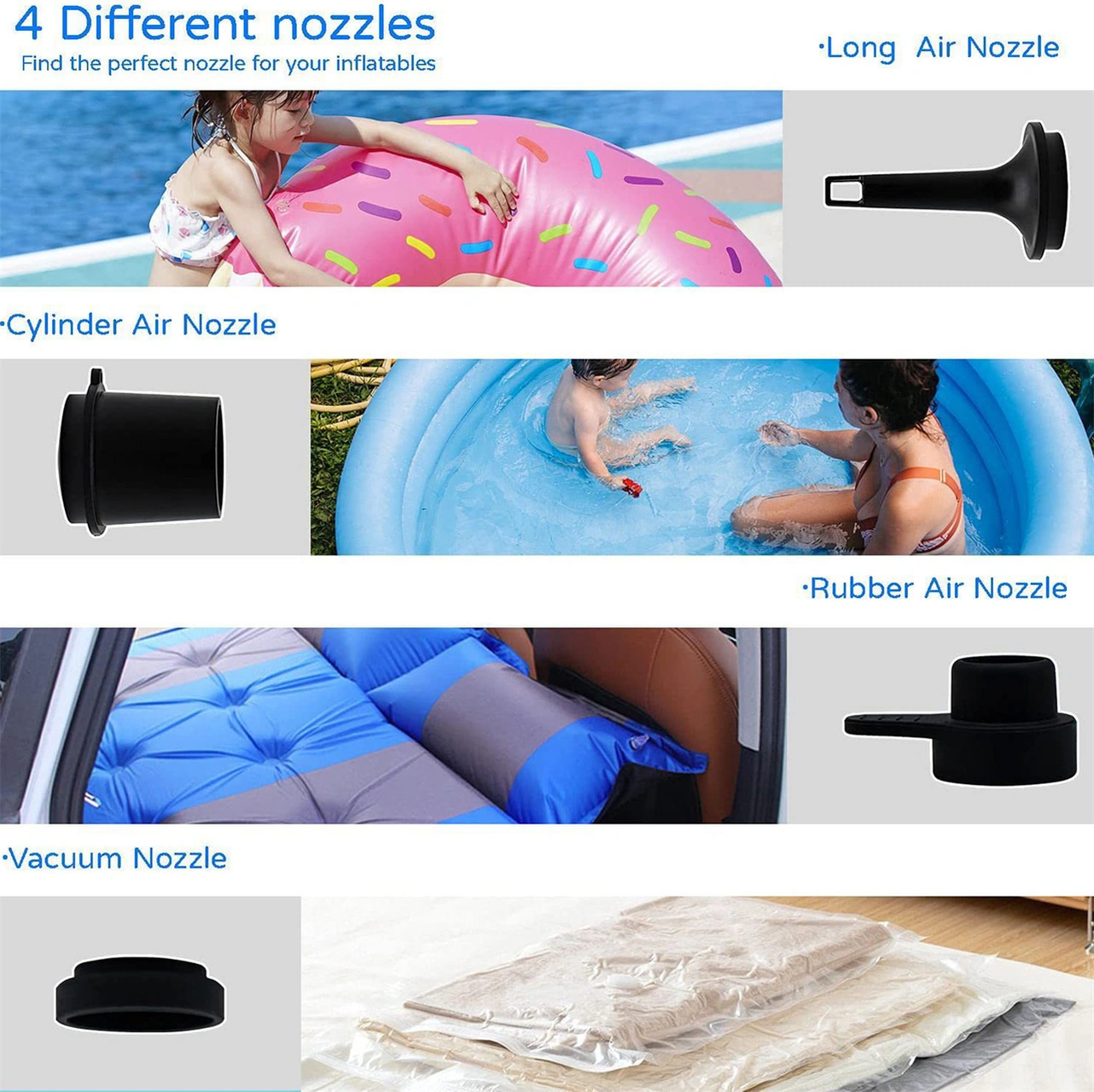 Hombey Ev Ve Dışarı Kullanıma Uygun Kablosuz Mini Akıllı Hava Pompa - Şişirme Ve Sarkıtma Fonksiyonu, 4 Farklı Uç, Hafif, Taşınabilir, Beyaz