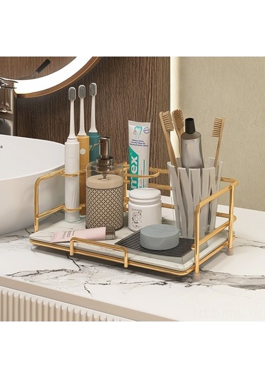 Novahub Çift Katlı Beyaz Altın Banyo Rafı - Metal Malzeme, Dekoratif Ve Pratik, Dayanıklı Altın