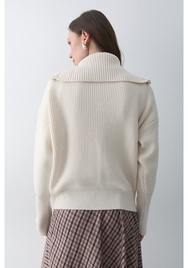 Krem Çift Fermuarlı Hırka - 251080 Krem