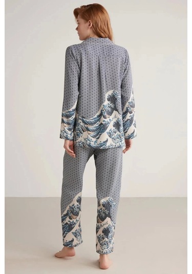 Nautıca W617 Kadın Uzun Kollu Önden Düğmeli Pijama Takımı İndigo