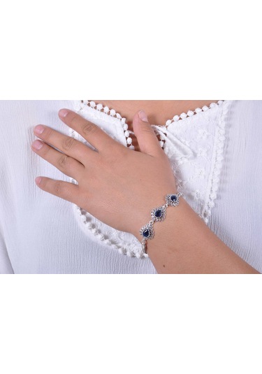 Midyatgümüşnurtaş-Safir Taşlı Damla Model Telkari Gümüş Bileklik