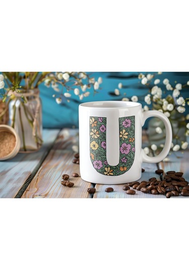 U Baş Harf Çiçek Desenleri İle Natural Tarz Kupa Bardak - Kişiye Özel Çiçekli Kahve Çay Bardak - Beyaz