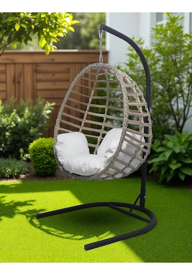 Armut Salıncak Tek Kişilik Rattan Örgü Bahçe Balkon Ev Salıncağı Bej