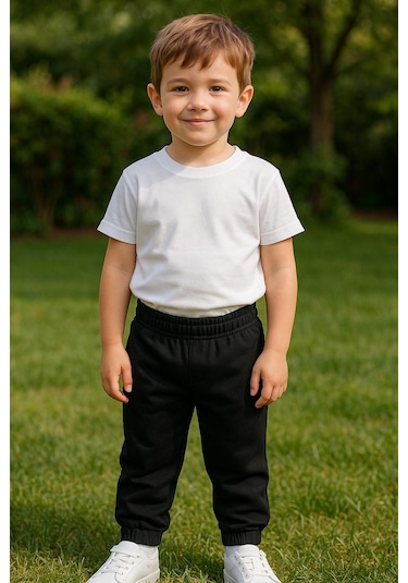 Erkek Çocuk %100 Pamuk Beli Ve Paçası Lastikli Eşofman Altı - Siyah 2-3 Yaş 8-9 Yaş Siyah