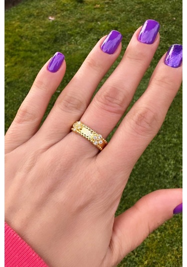 Marka Model Zirkon Çiçek Desenli Gold Yüzük - Ayarlanabilir Gold