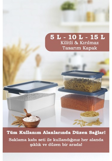 3'lü Organizer Box 5-10-15l Saklama Kabı - Çok Amaçlı Düzenleyici Kilit Kapak Derin Saklama Kutusu Mavi