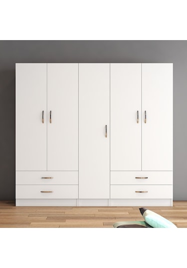 tanmob 5 Kapılı Dört Çekmeceli Geniş Gardrop Beyaz- Grd0701