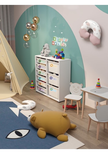 Beyza 9 Sepet Stickerlı Çok Amaçlı Dolap Oyuncak Dolabı Beyaz Beyaz