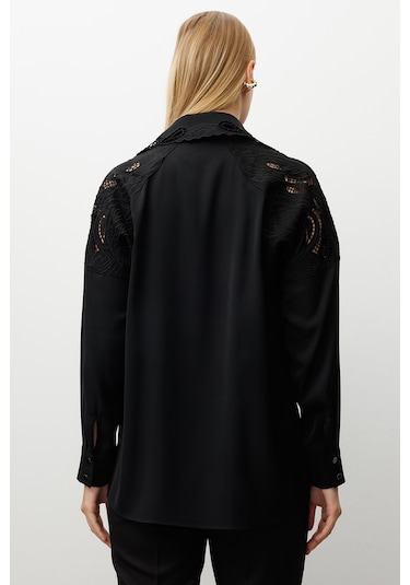 Moda İlgi Kadın Nakış Detaylı Oversize Gömlek 0095 Siyah Siyah